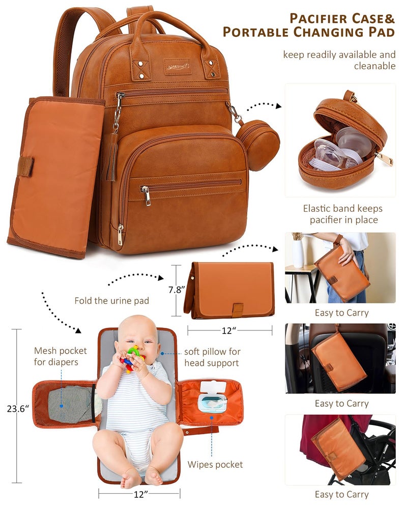 ROSEGIN Premium Vegan Leather Diaper Bag Backpack with Waterproof Changing Pad, Reinforced Zippers & Odor-Free, 20 Pockets Pro Organizer, Fits 15.6" Laptop, Stroller Straps, Baby Bag for Mom, Brown - Image 4